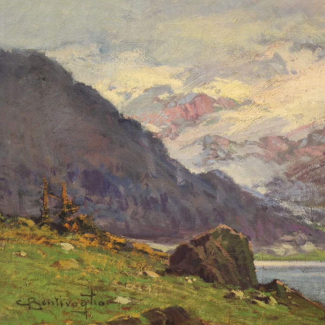 Cesare Bentivoglio, paesaggio con lago e montagne, dipinto a olio su tela 3