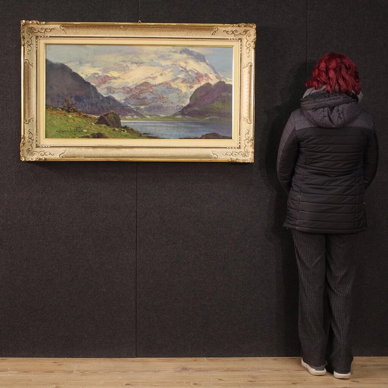 Cesare Bentivoglio, paesaggio con lago e montagne, dipinto a olio su tela 4