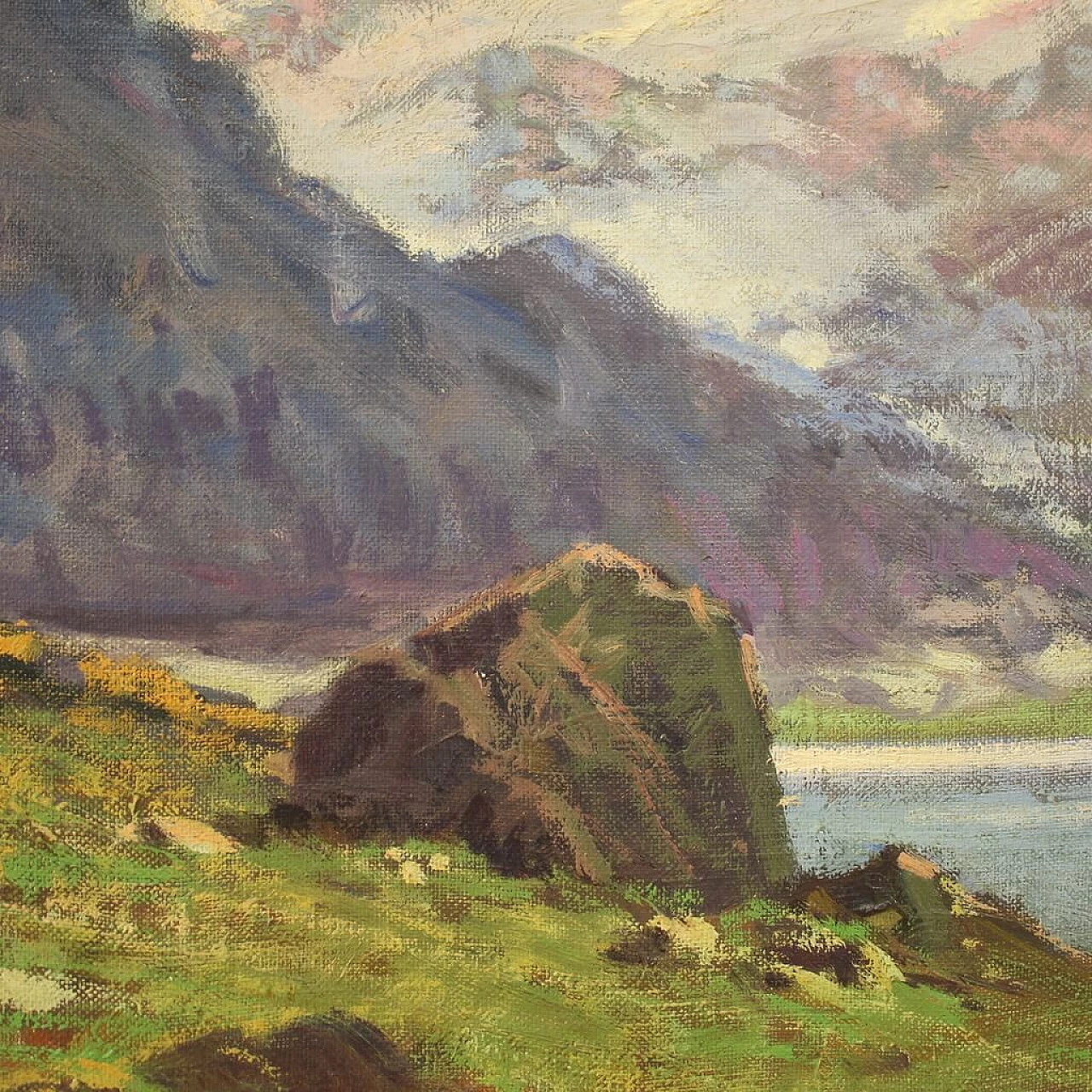 Cesare Bentivoglio, paesaggio con lago e montagne, dipinto a olio su tela 9
