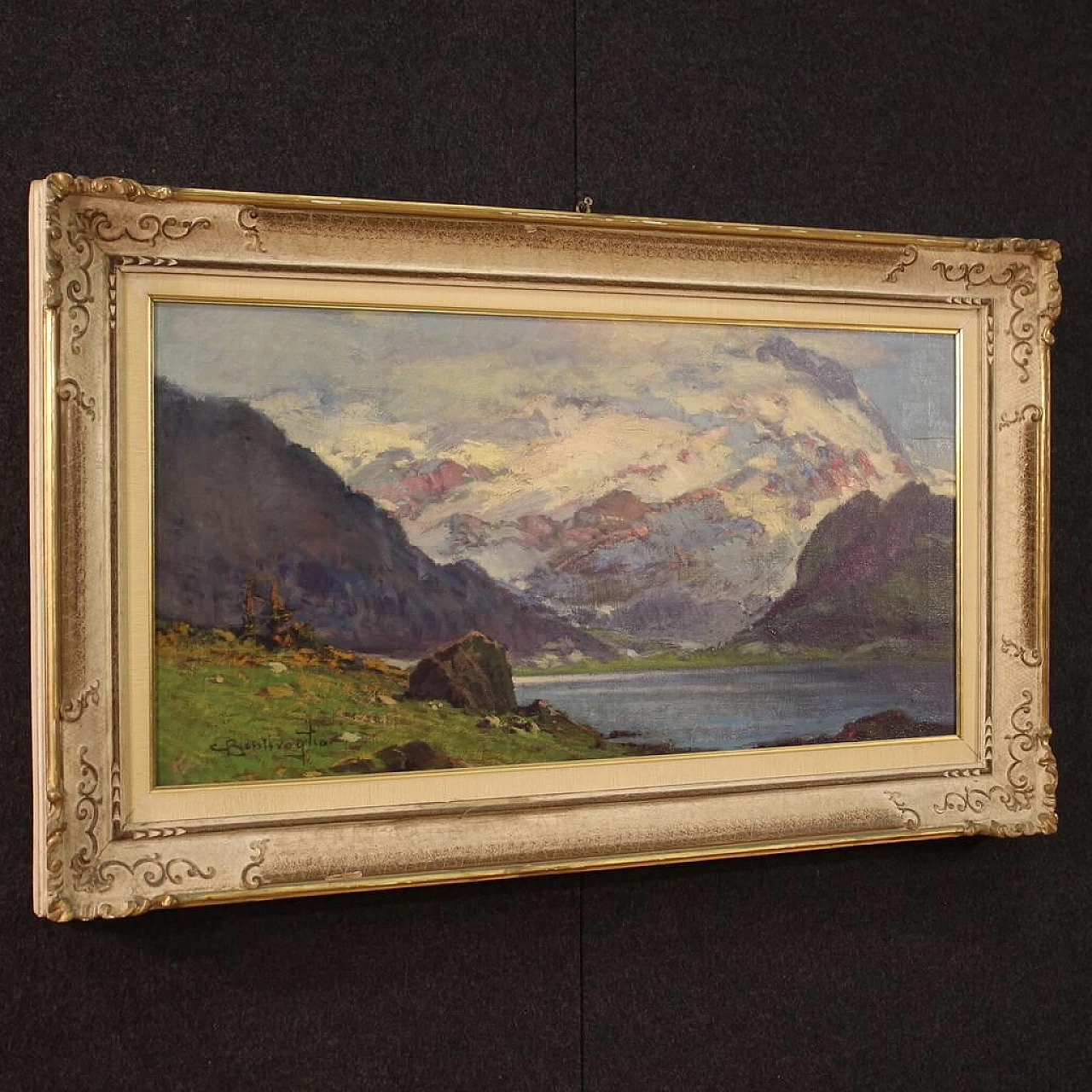 Cesare Bentivoglio, paesaggio con lago e montagne, dipinto a olio su tela 11