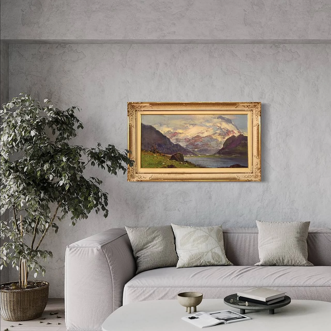 Cesare Bentivoglio, paesaggio con lago e montagne, dipinto a olio su tela 15