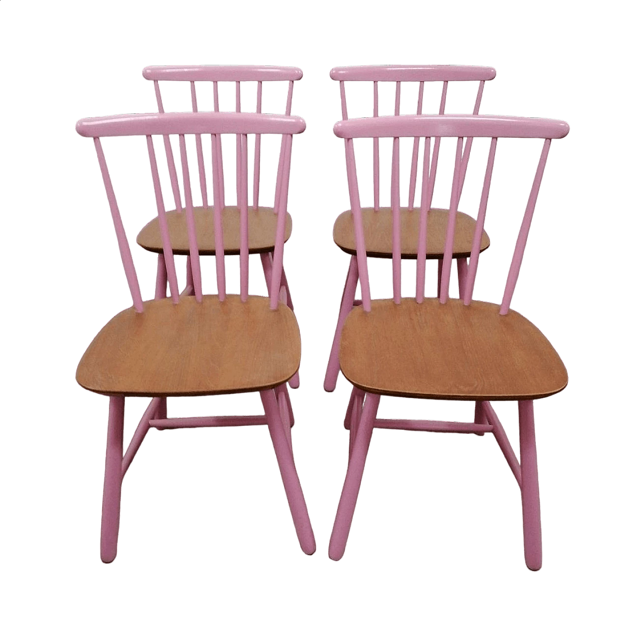 4 Danish chairs in teak and pink lacquer, 1950s 5