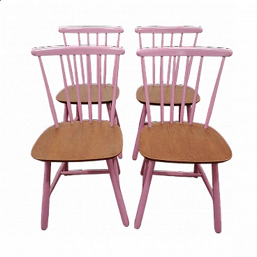 4 Danish chairs in teak and pink lacquer, 1950s