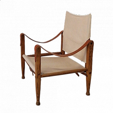 Poltrona Safari Chair in frassino, pelle e tessuto di Kaare Klint, anni '30