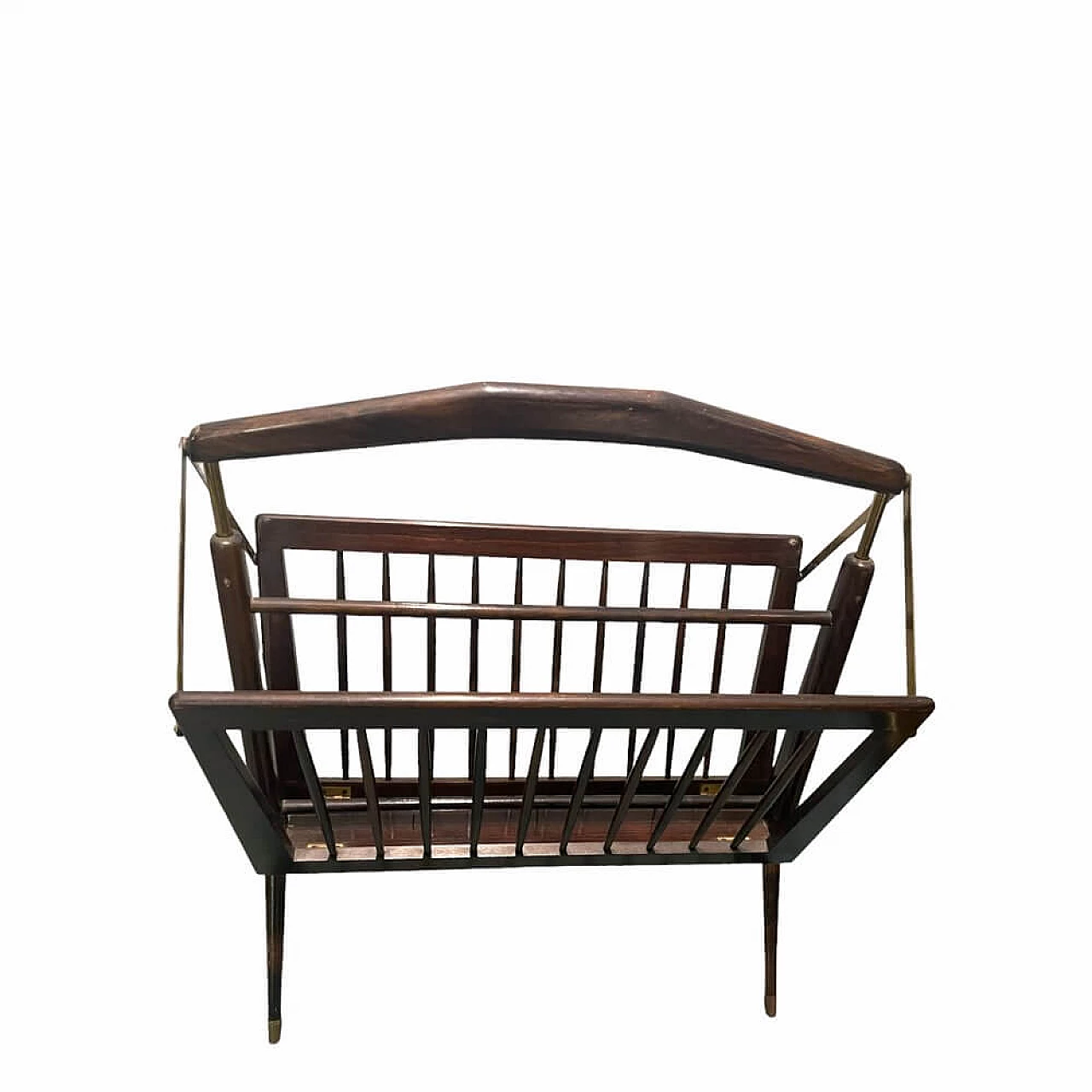 Folding magazine rack in stained wood and brass by Cesare Lacca, 1950s 5