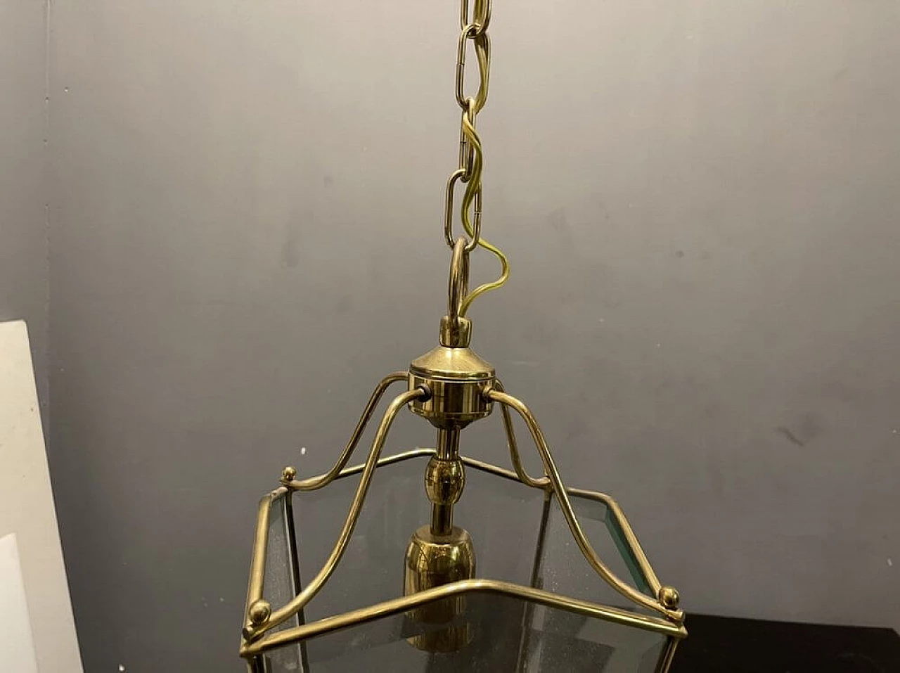 Lampadario a lanterna in ottone e vetro, anni '60 2