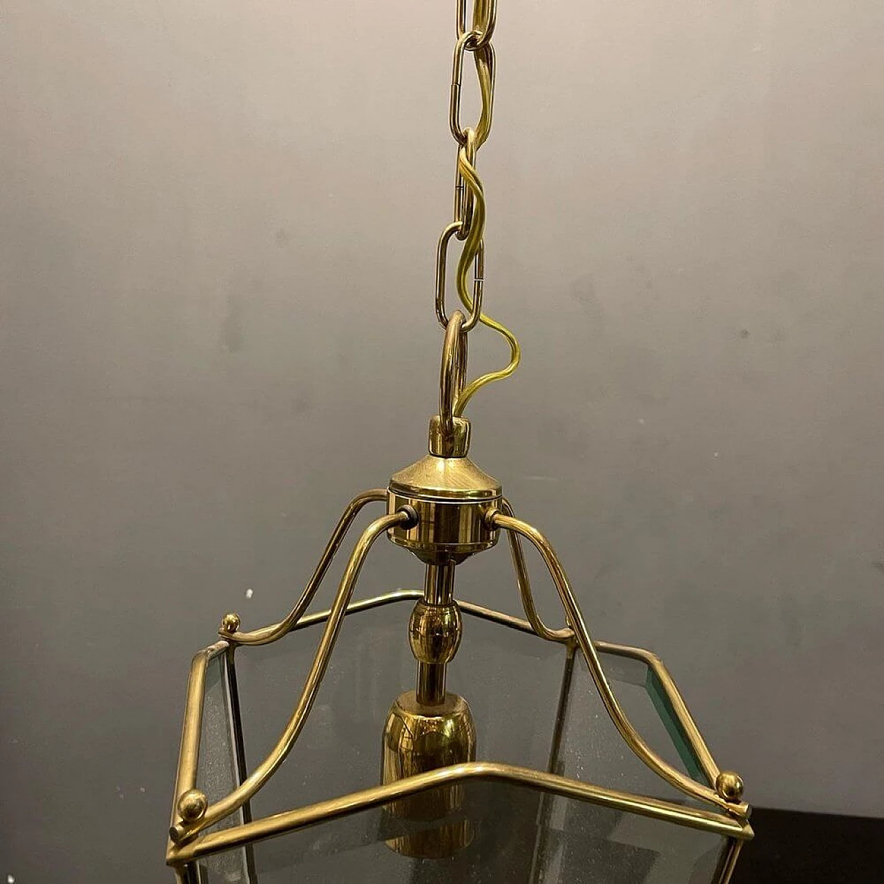 Lampadario a lanterna in ottone e vetro, anni '60 3