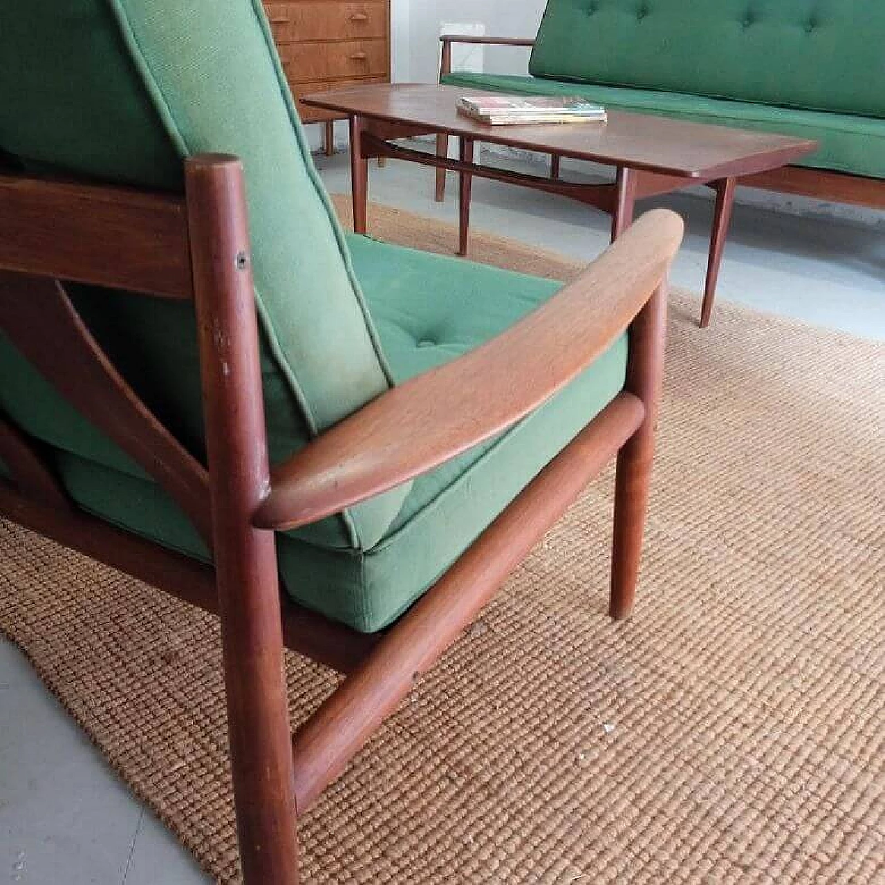 Teak and fabric 56 armchair by Grete Jalk, 1950s 4