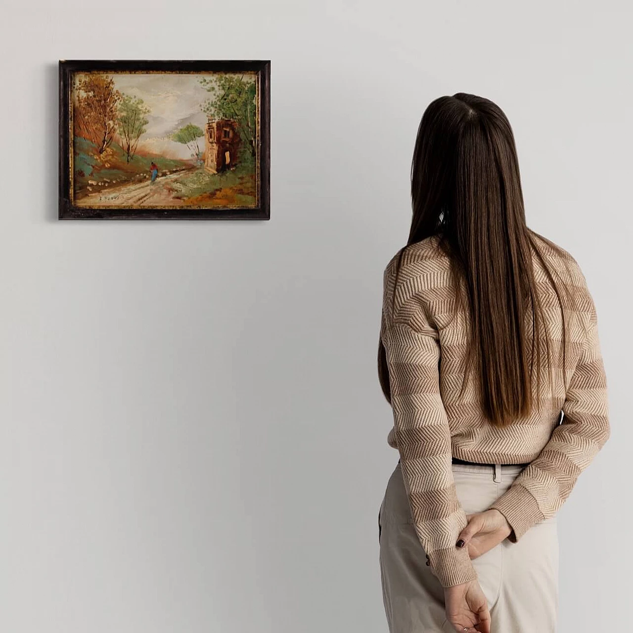 A. Monti, landscape with figure and architecture, oil painting on masonite 1