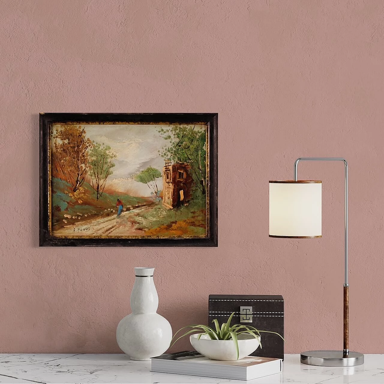 A. Monti, landscape with figure and architecture, oil painting on masonite 2