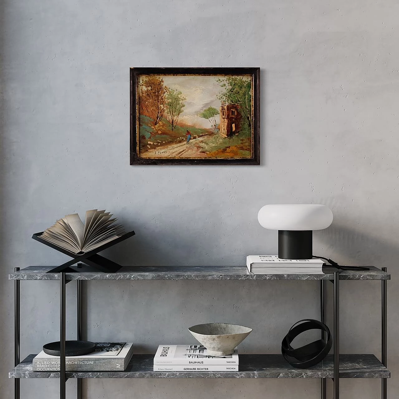 A. Monti, landscape with figure and architecture, oil painting on masonite 4