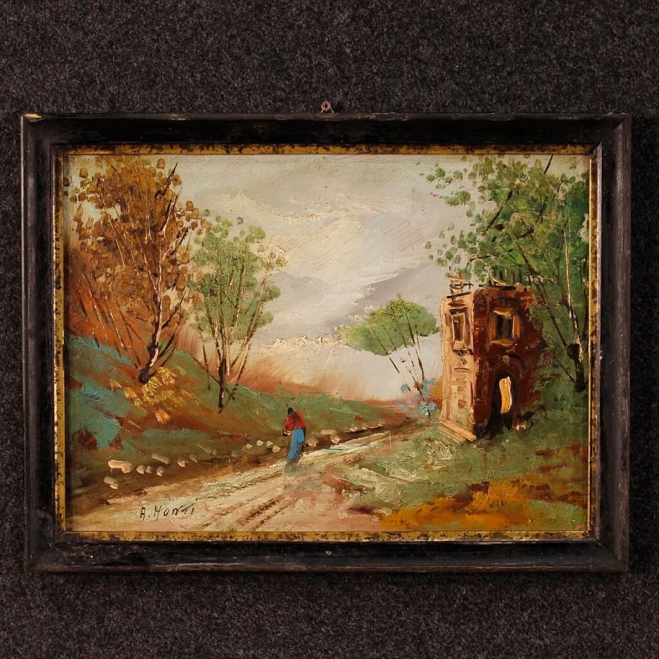 A. Monti, landscape with figure and architecture, oil painting on masonite 5
