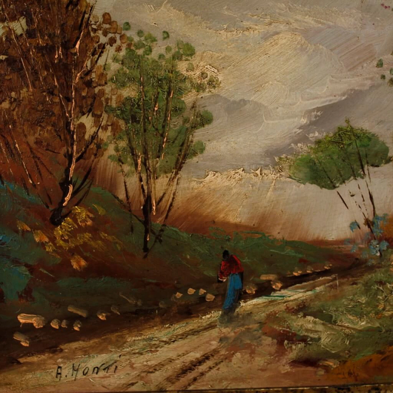 A. Monti, landscape with figure and architecture, oil painting on masonite 6