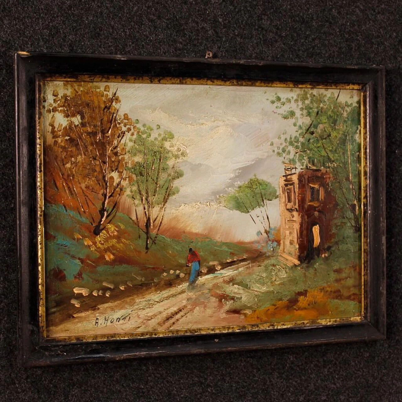 A. Monti, landscape with figure and architecture, oil painting on masonite 9