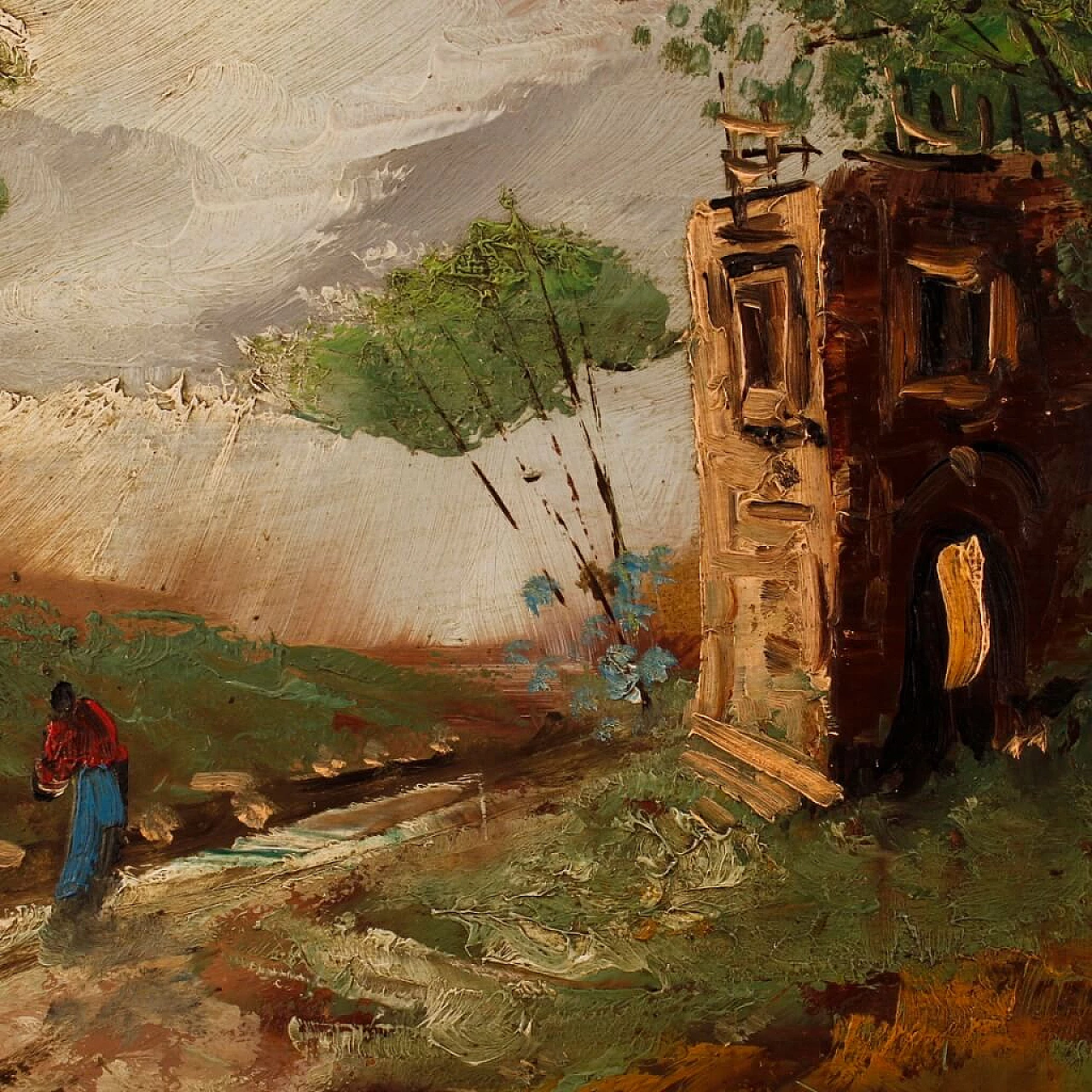 A. Monti, landscape with figure and architecture, oil painting on masonite 12