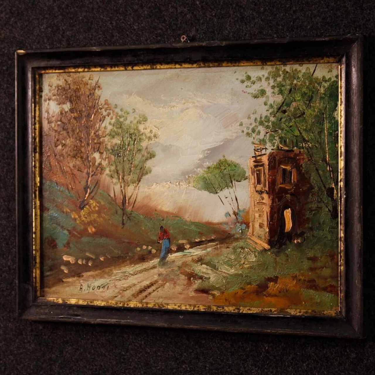 A. Monti, landscape with figure and architecture, oil painting on masonite 13
