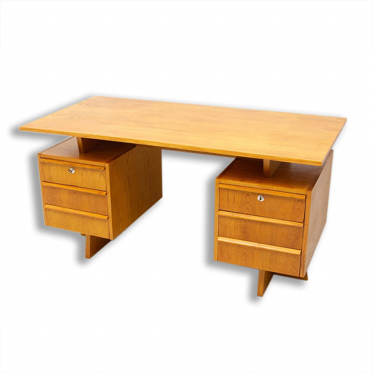 Beech and plywood desk with six drawers, 1970s 1