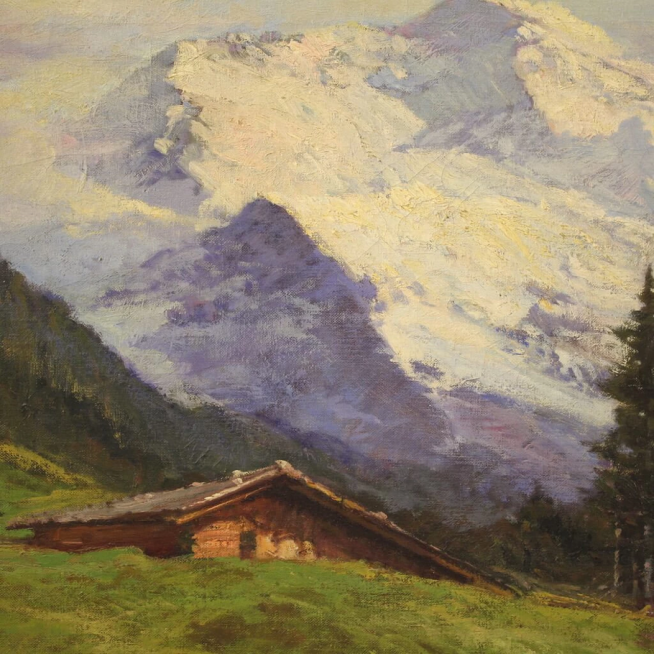 Cesare Bentivoglio, landscape with chalet and mountains, oil painting on canvas 2