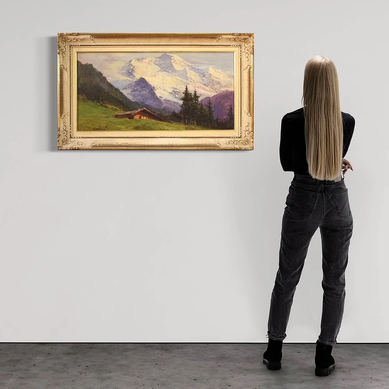 Cesare Bentivoglio, landscape with chalet and mountains, oil painting on canvas 4