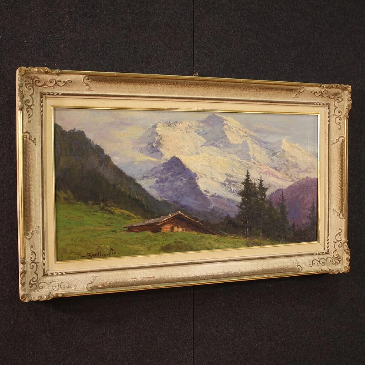 Cesare Bentivoglio, landscape with chalet and mountains, oil painting on canvas 8