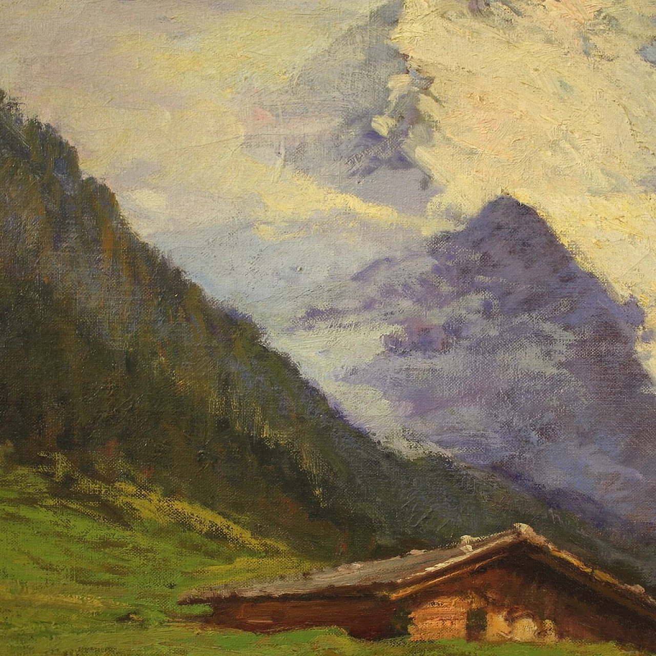 Cesare Bentivoglio, landscape with chalet and mountains, oil painting on canvas 9