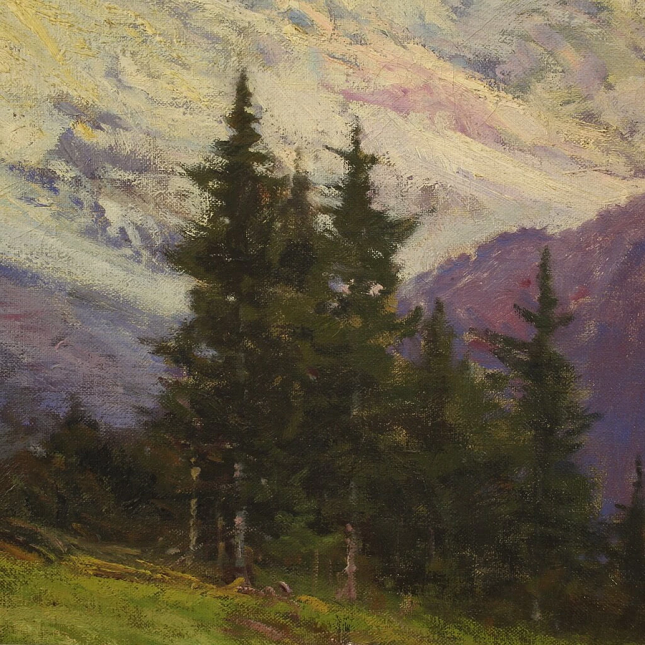 Cesare Bentivoglio, landscape with chalet and mountains, oil painting on canvas 10