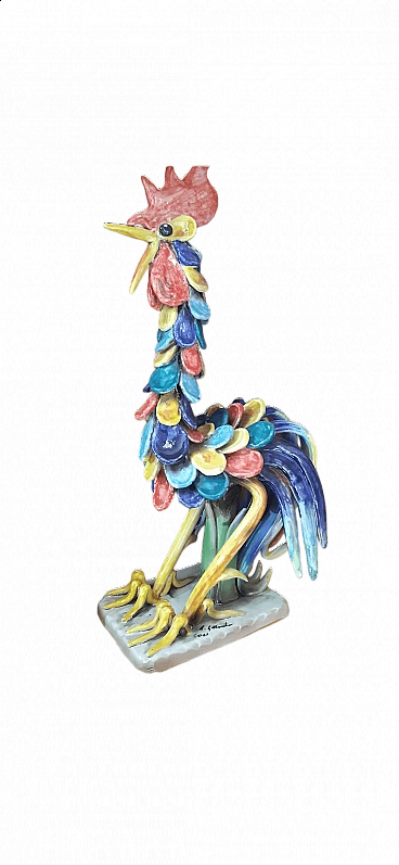Gallo da combattimento in ceramica multicolore