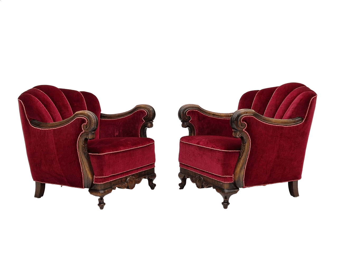 Pair of Danish ash and red velvet armchairs, 1930s 24