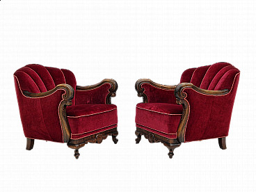 Pair of Danish ash and red velvet armchairs, 1930s