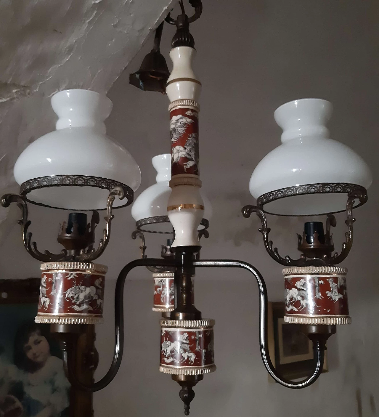 Metal and ceramic chandelier and pair of wall lamps, 1950s 1