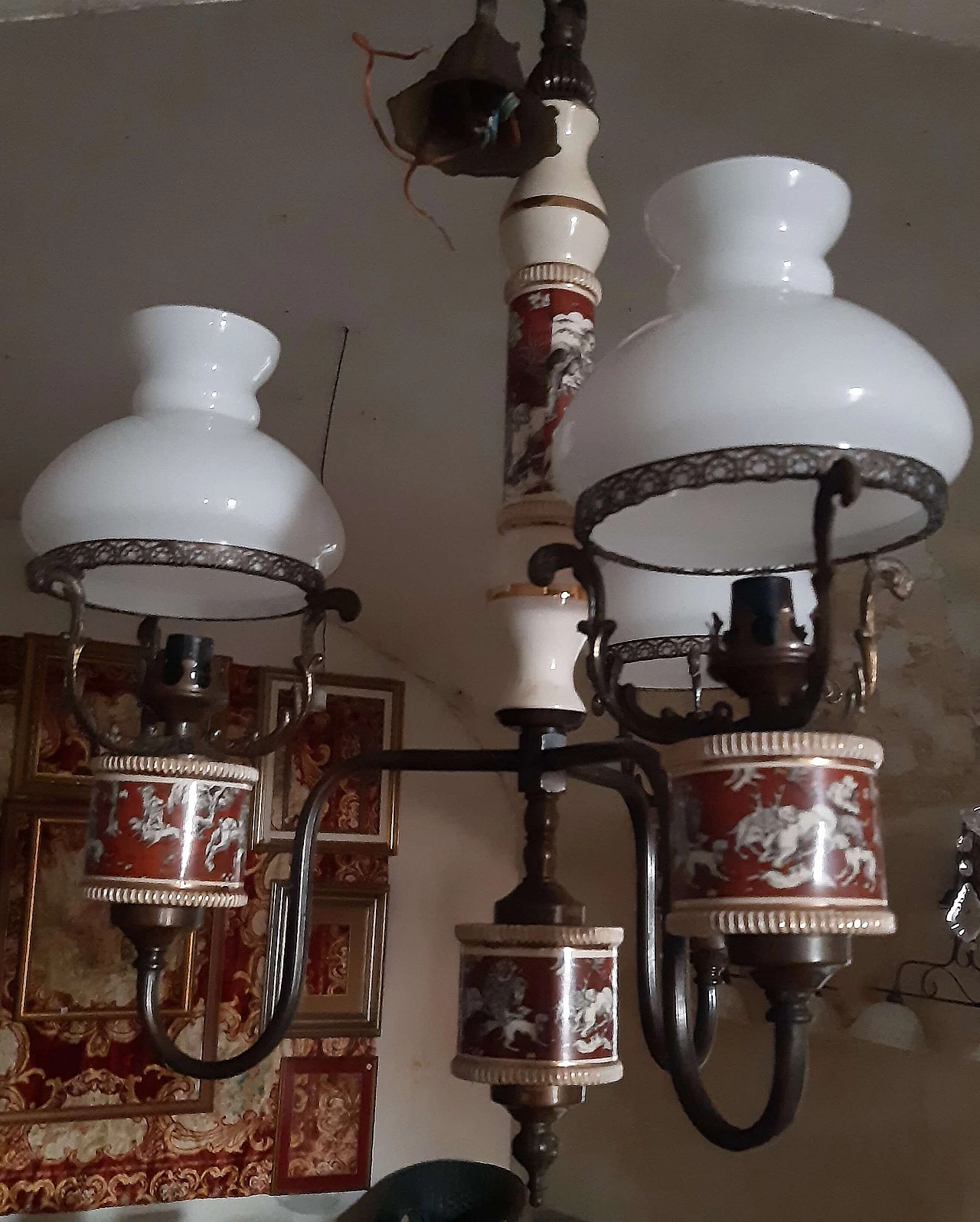 Metal and ceramic chandelier and pair of wall lamps, 1950s 2