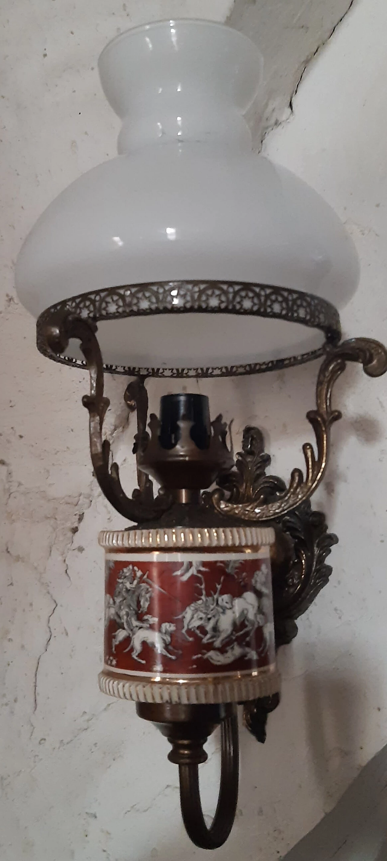 Metal and ceramic chandelier and pair of wall lamps, 1950s 3