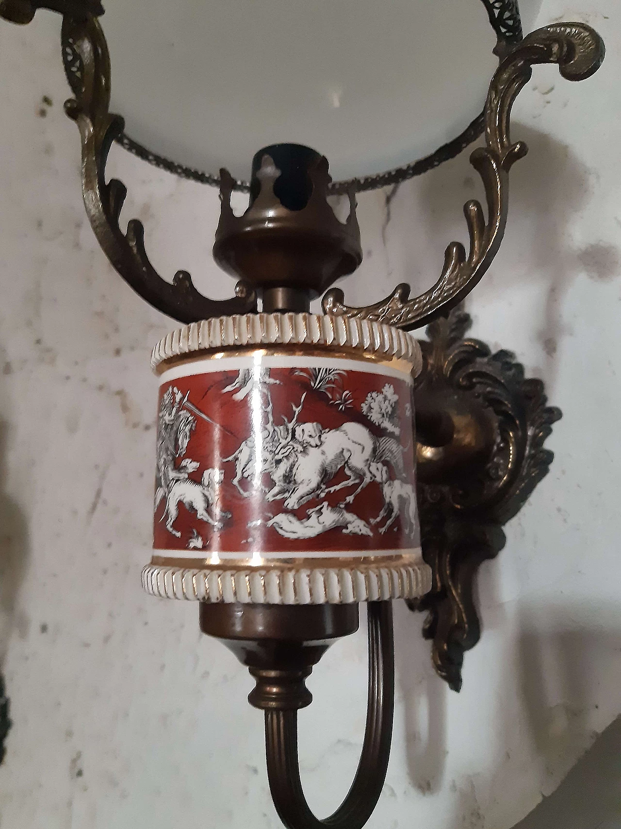Metal and ceramic chandelier and pair of wall lamps, 1950s 5