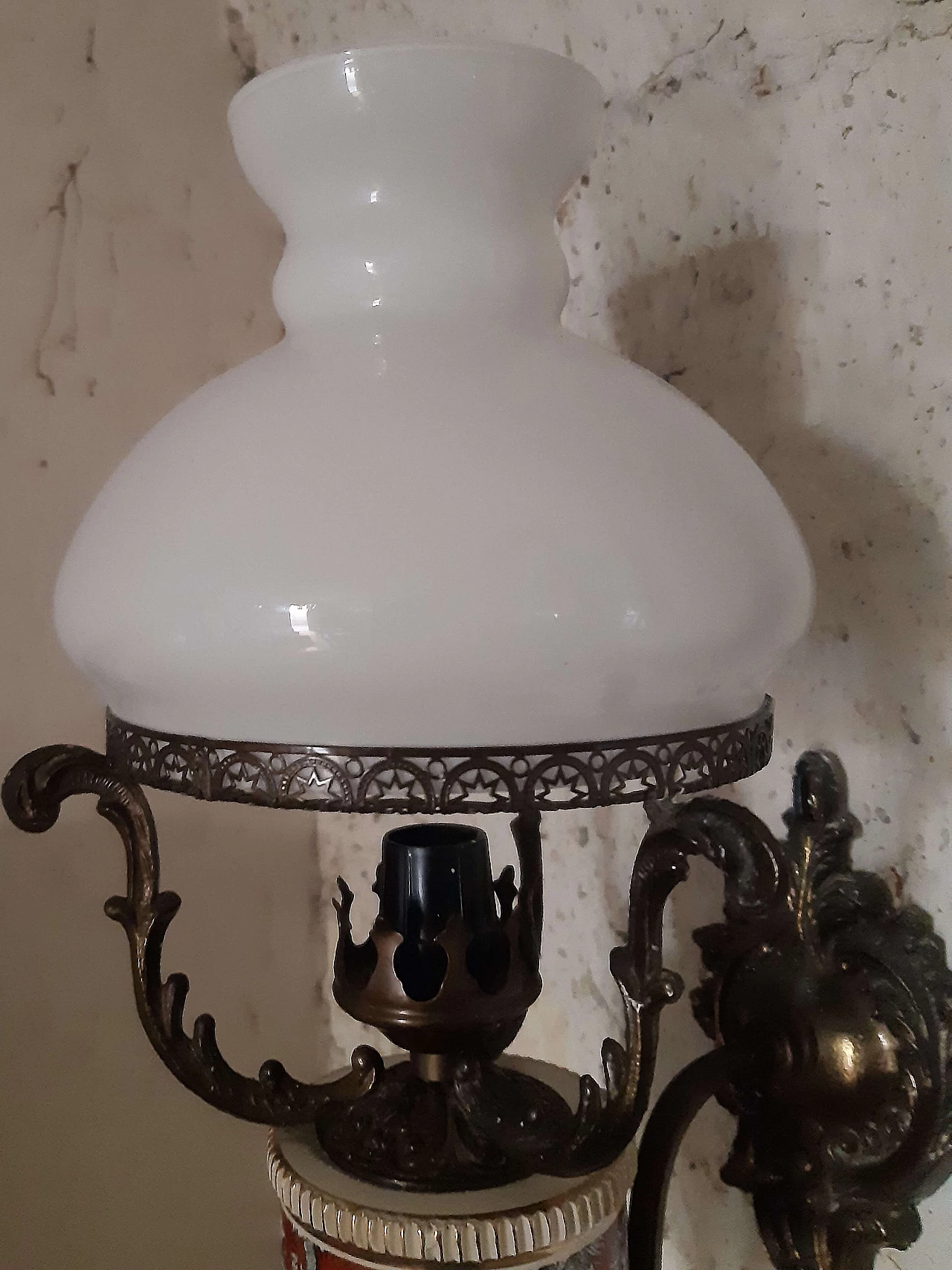 Metal and ceramic chandelier and pair of wall lamps, 1950s 6