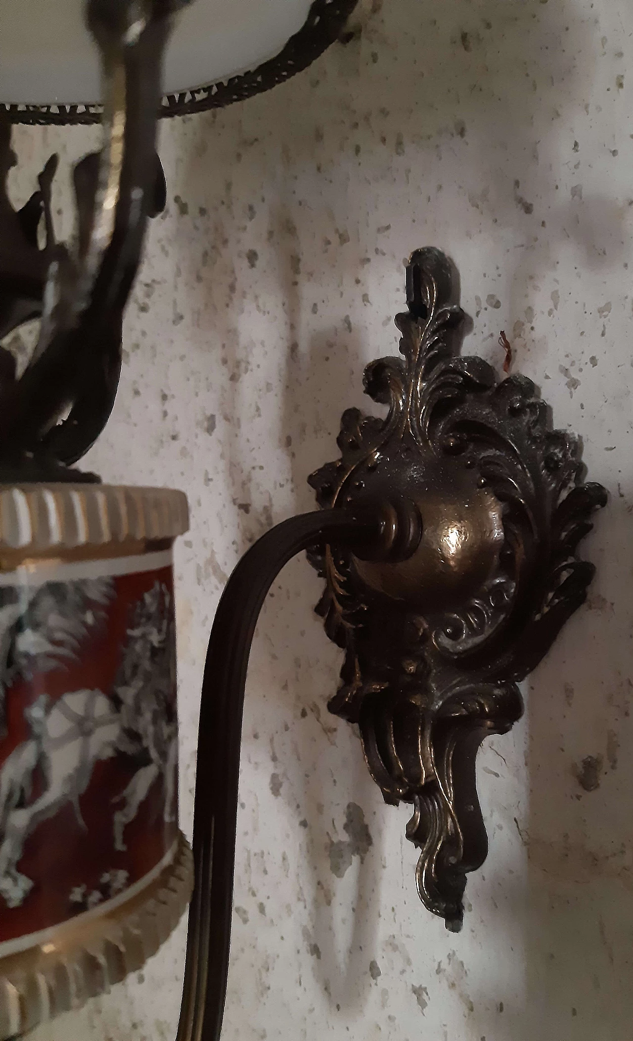 Metal and ceramic chandelier and pair of wall lamps, 1950s 7