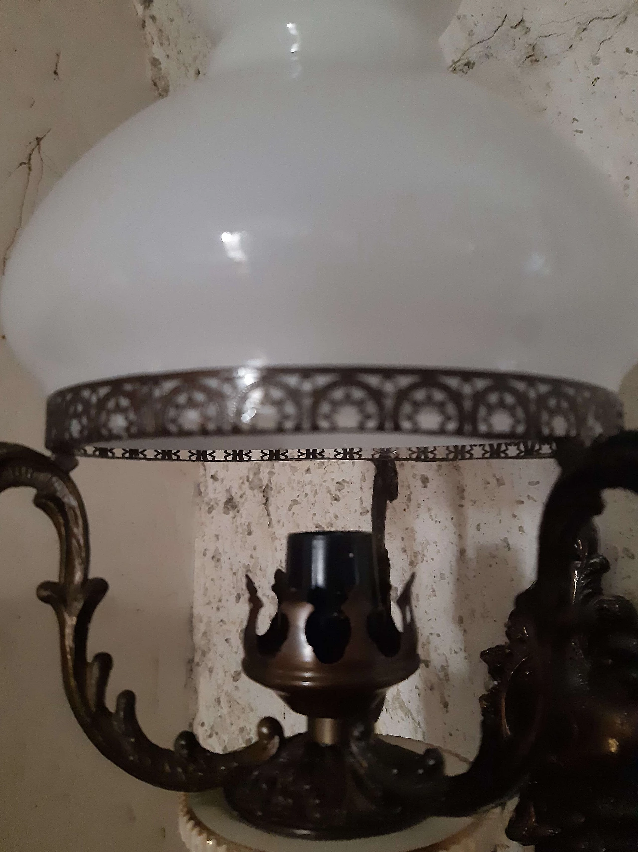 Metal and ceramic chandelier and pair of wall lamps, 1950s 8