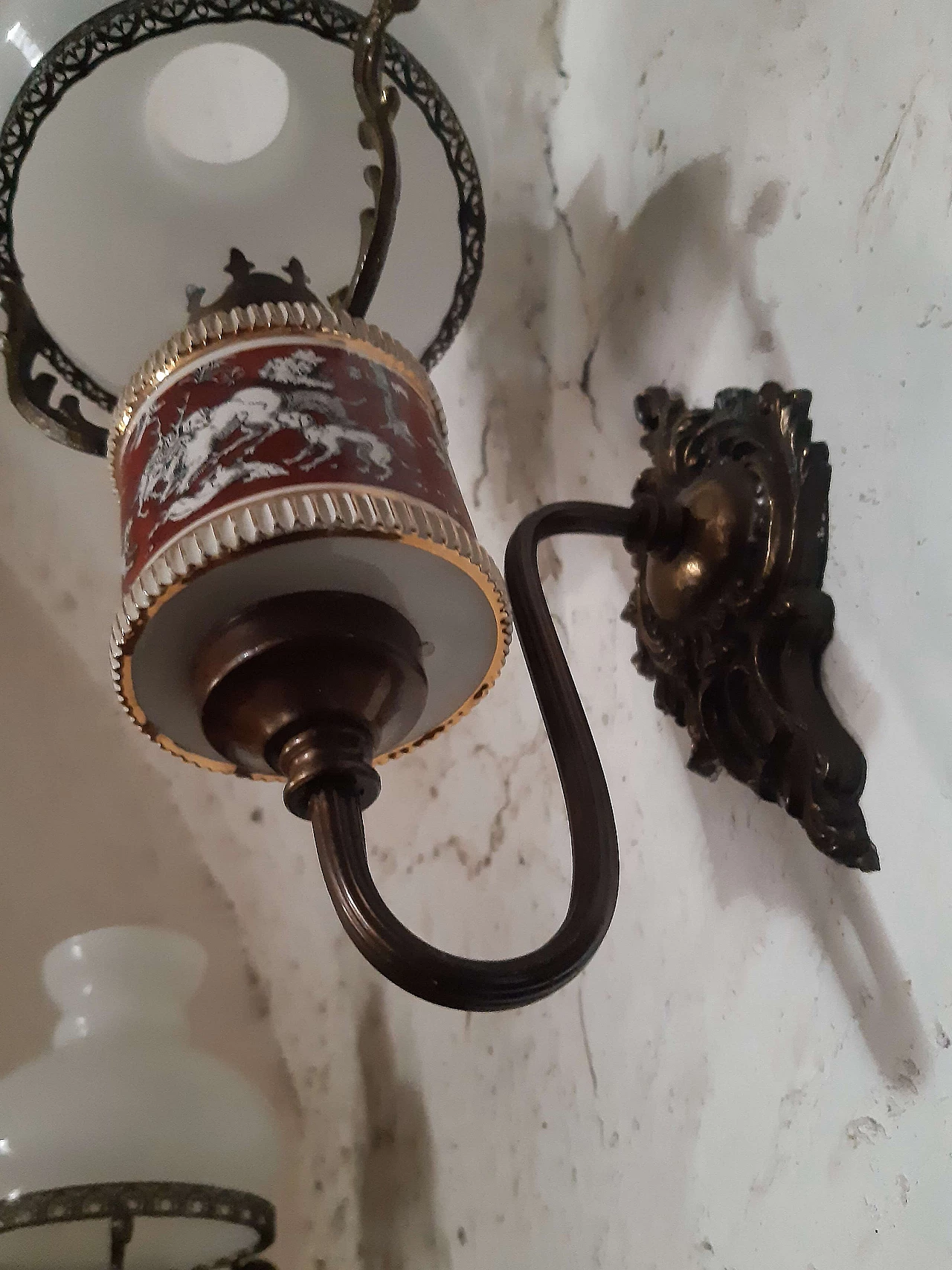 Metal and ceramic chandelier and pair of wall lamps, 1950s 9