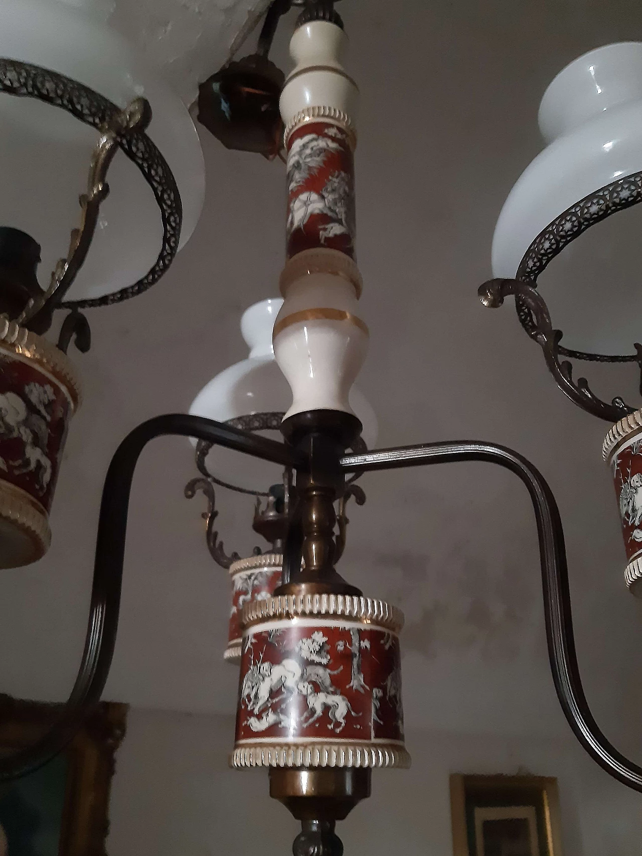 Metal and ceramic chandelier and pair of wall lamps, 1950s 10