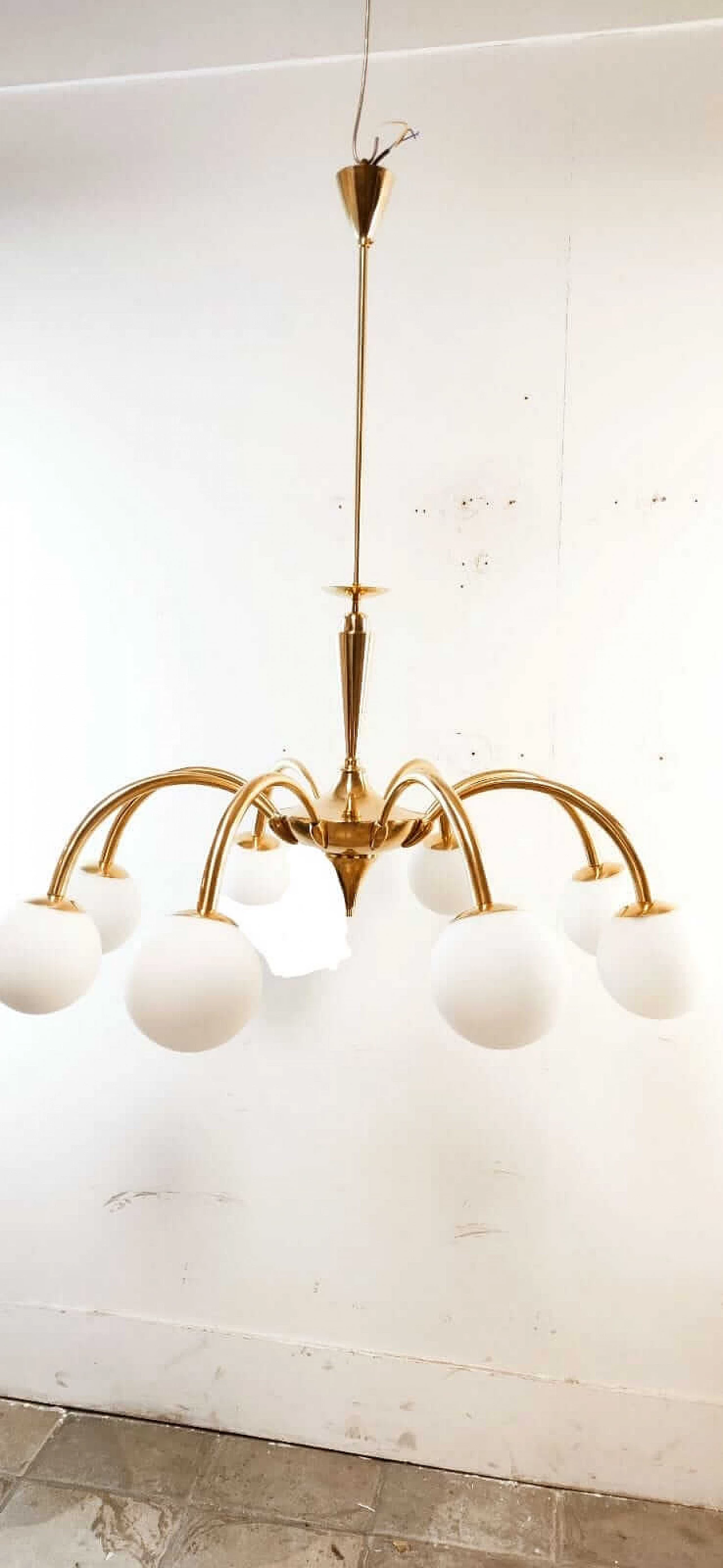 Eight-light brass and frosted white glass chandelier, 1960s 7