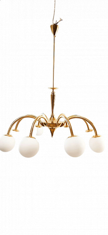 Eight-light brass and frosted white glass chandelier, 1960s