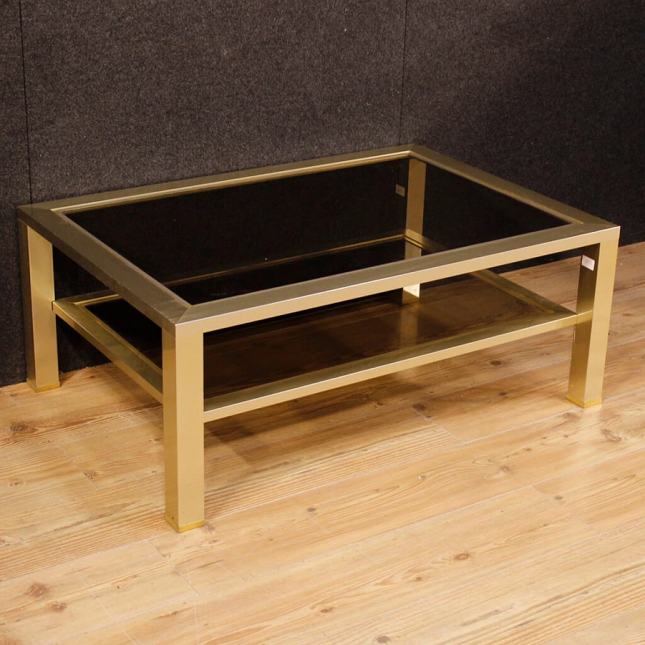French gilded metal and glass coffee table with double shelf, 1980s 1