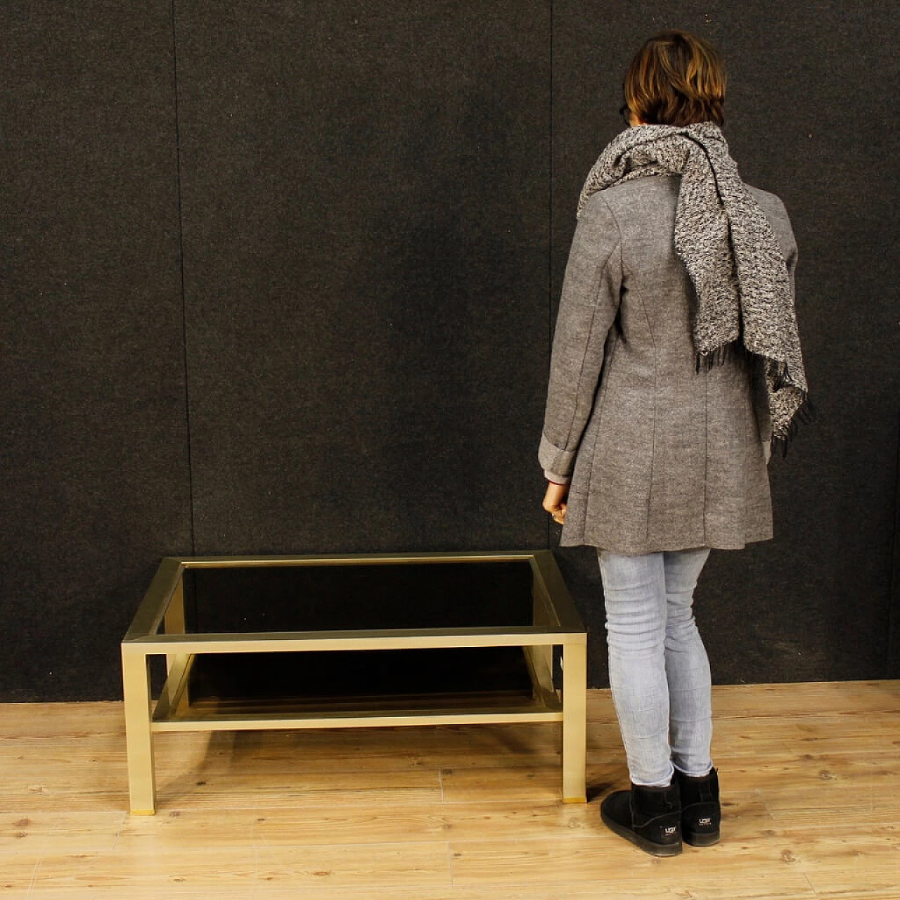 French gilded metal and glass coffee table with double shelf, 1980s 2