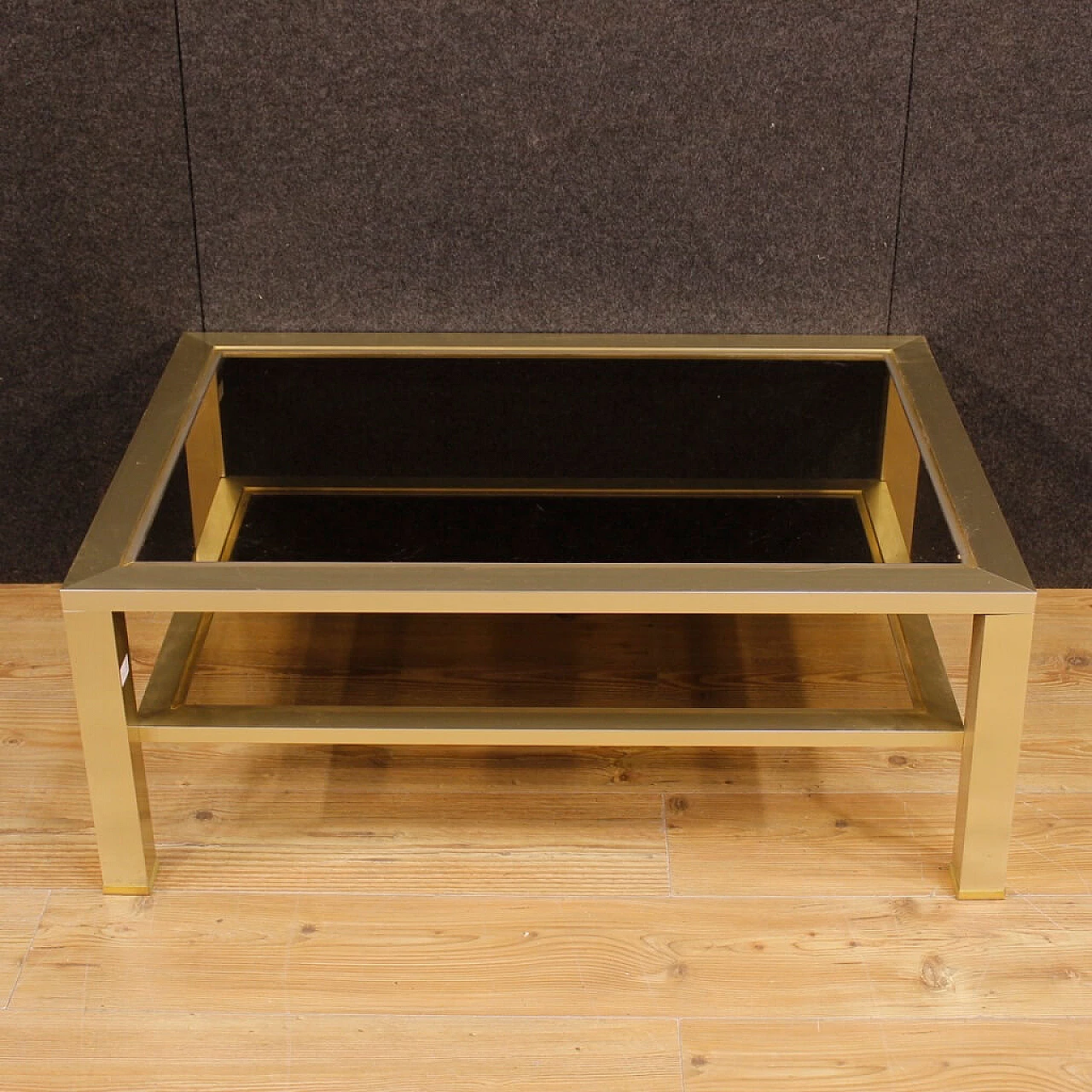 French gilded metal and glass coffee table with double shelf, 1980s 3