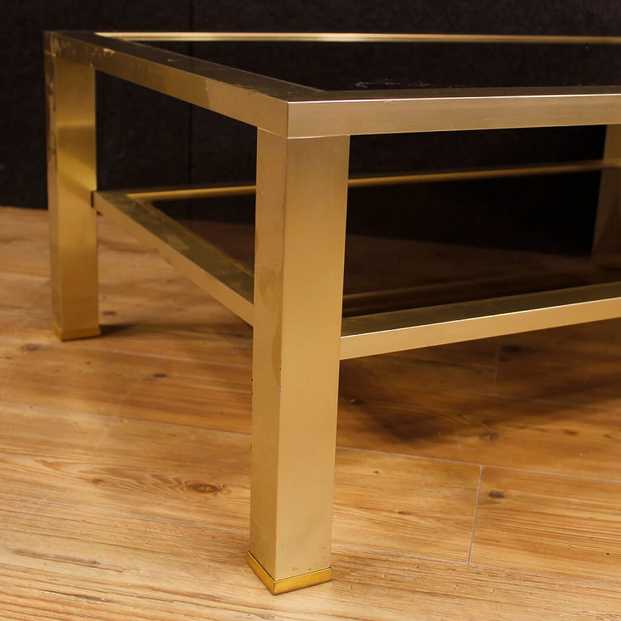 French gilded metal and glass coffee table with double shelf, 1980s 4