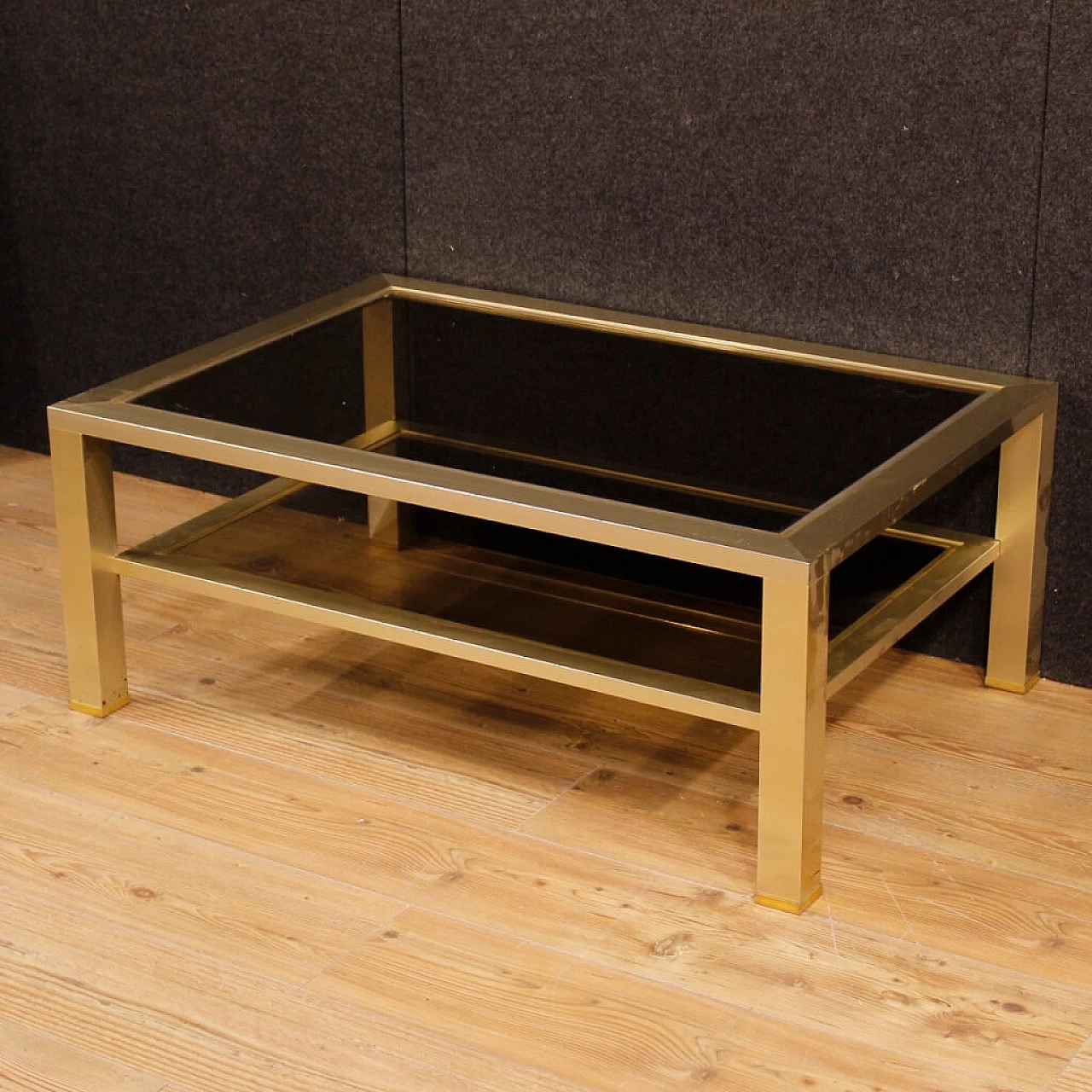 French gilded metal and glass coffee table with double shelf, 1980s 5