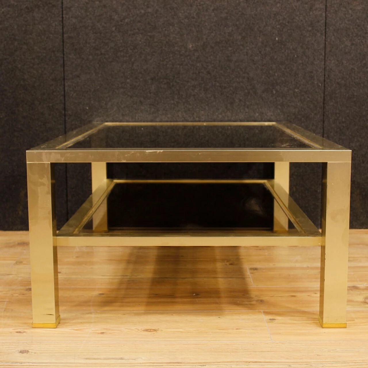 French gilded metal and glass coffee table with double shelf, 1980s 7