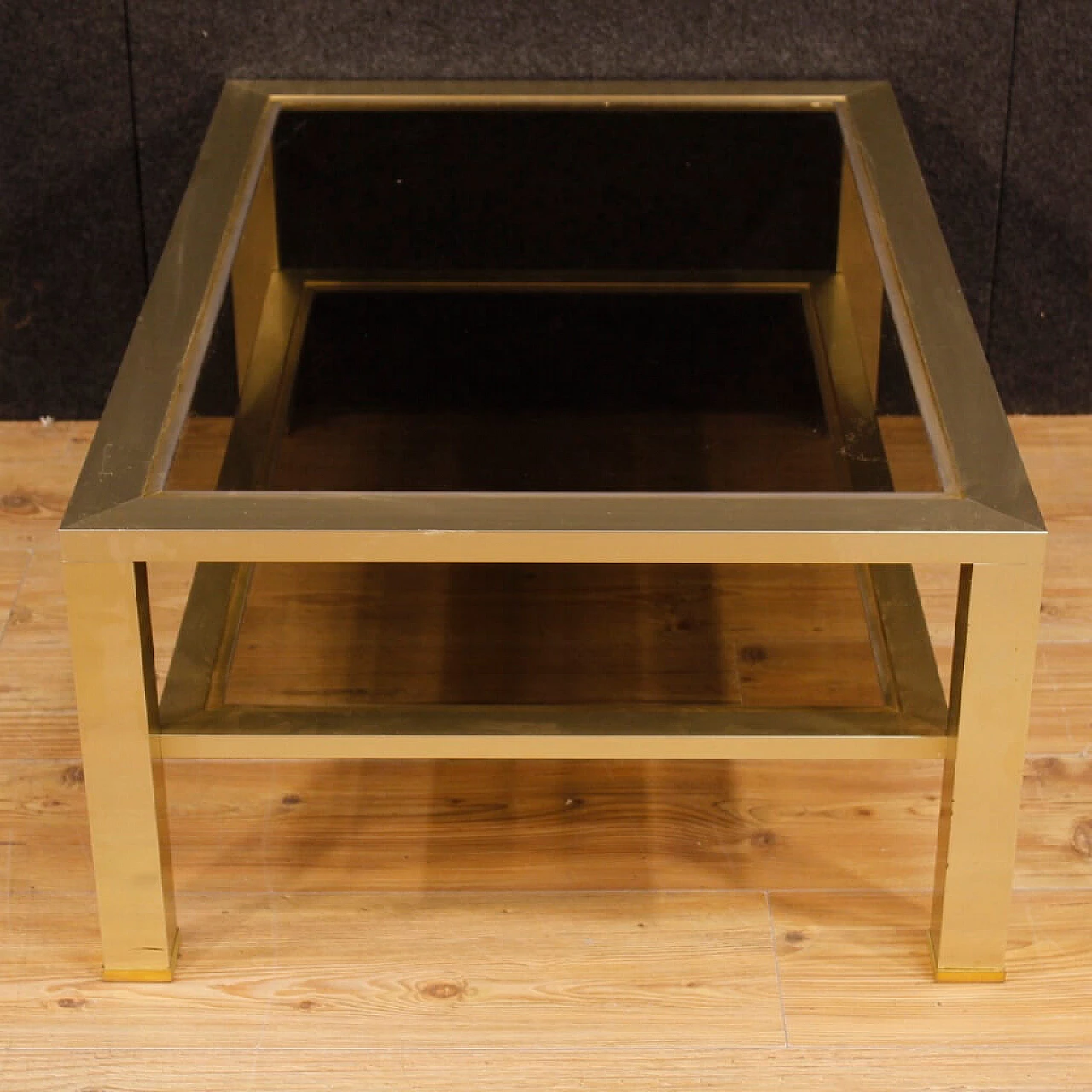 French gilded metal and glass coffee table with double shelf, 1980s 8