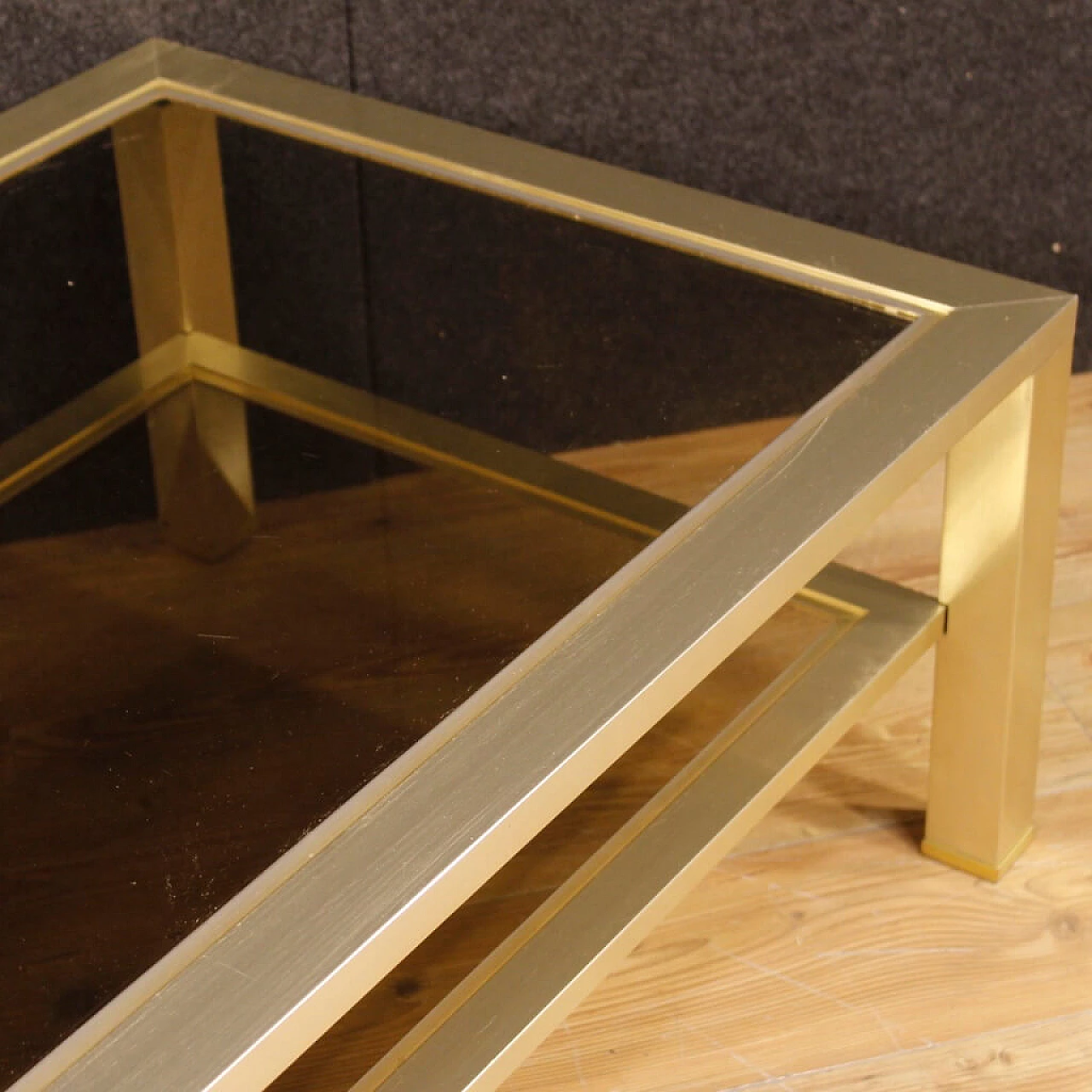 French gilded metal and glass coffee table with double shelf, 1980s 9