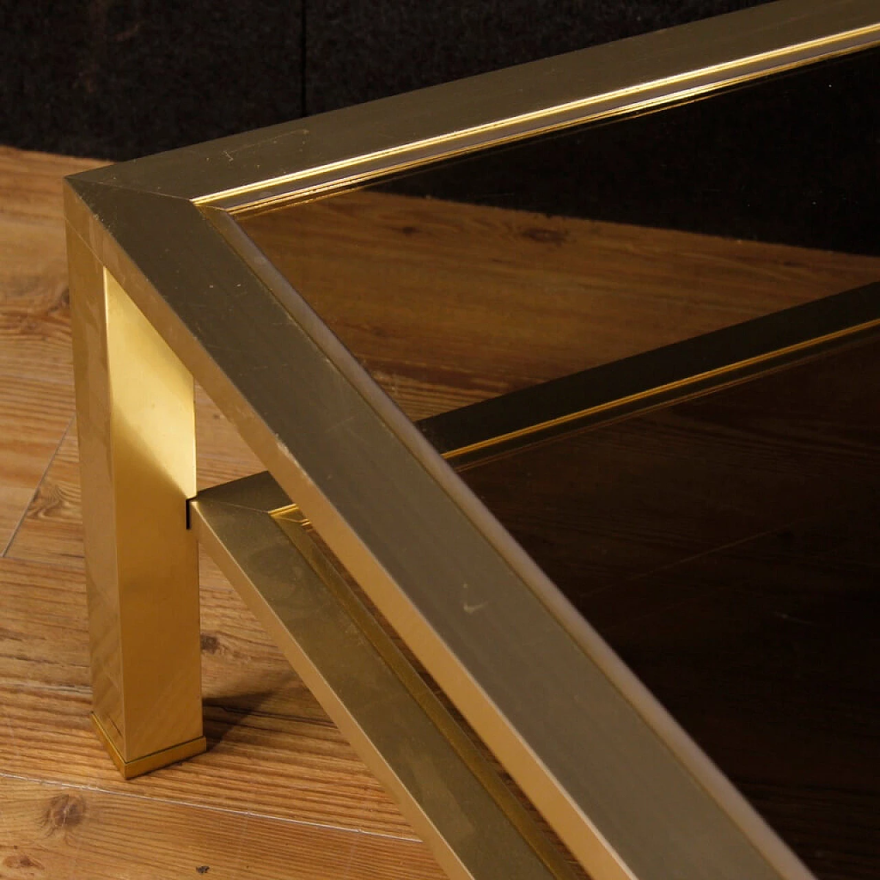 French gilded metal and glass coffee table with double shelf, 1980s 10