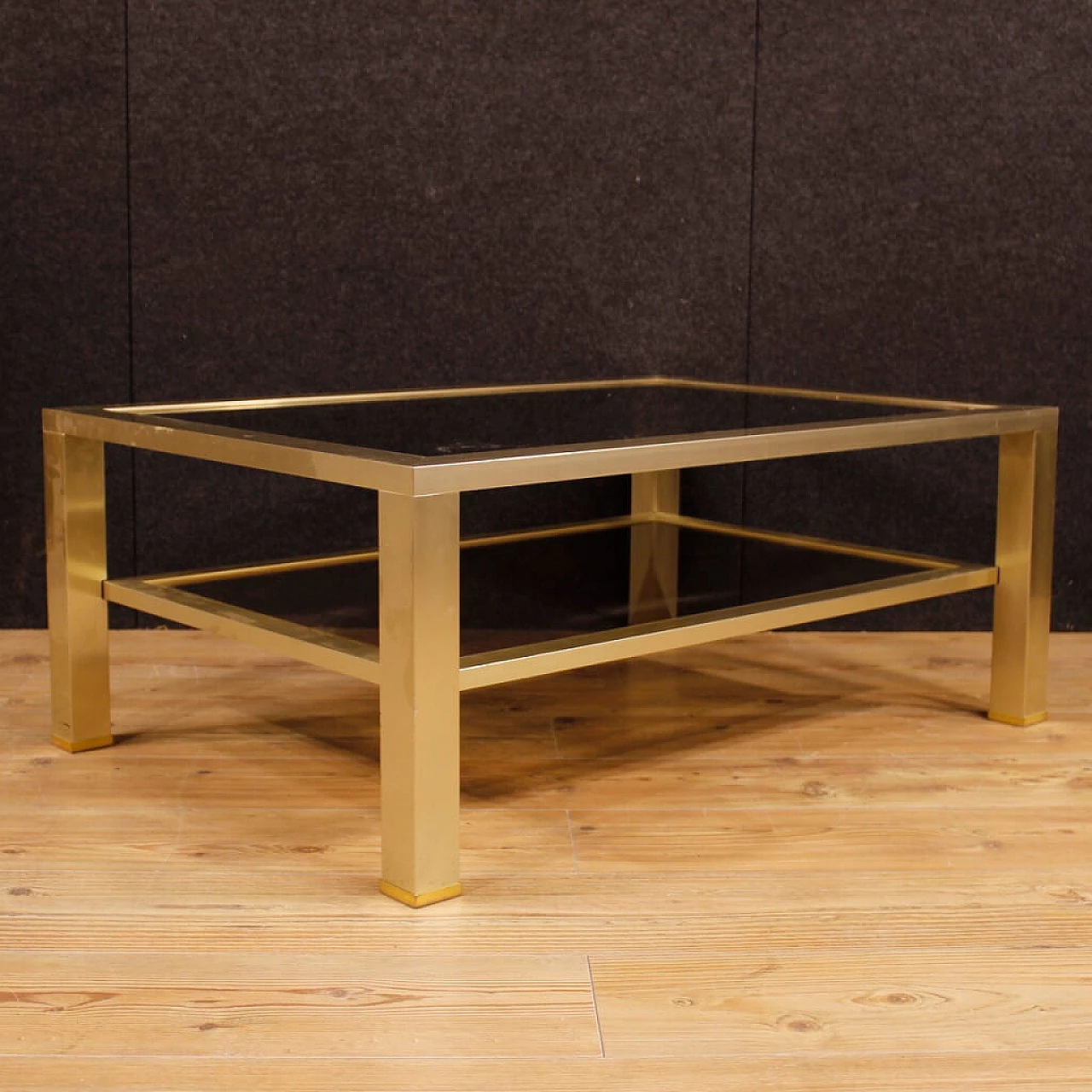 French gilded metal and glass coffee table with double shelf, 1980s 11